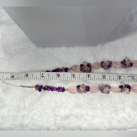 Rose Quartz & Amethyst 925 Silver Chunky Beaded Gemstone Necklace & Earrings - Picture 9 of 10
